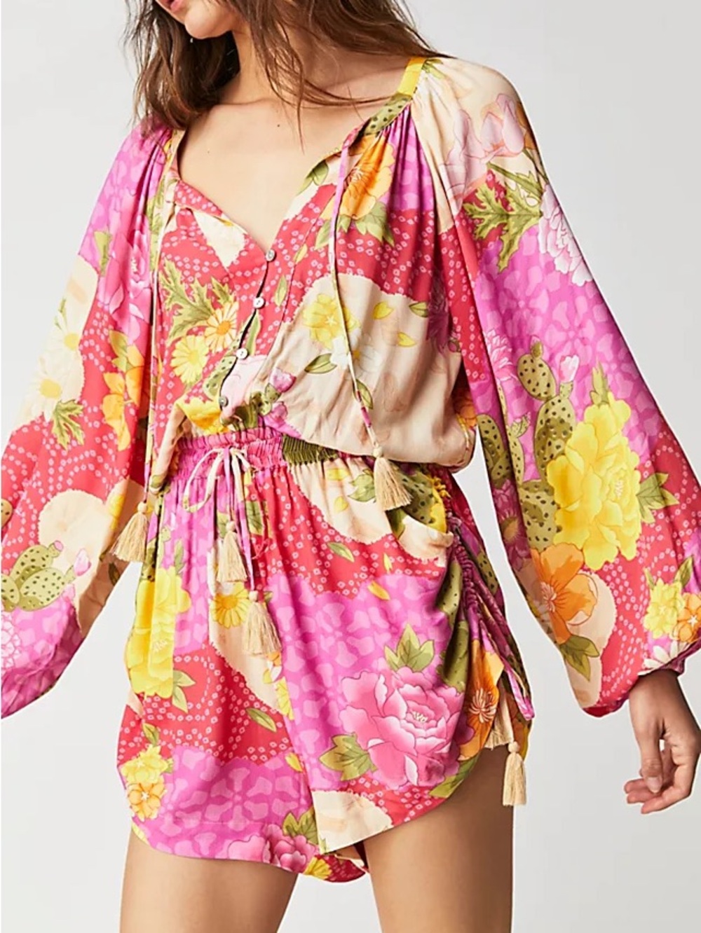 Spell Floral Joshua Tree V-Neck Tassel Romper in Pink, Yellow & Green Sz XS